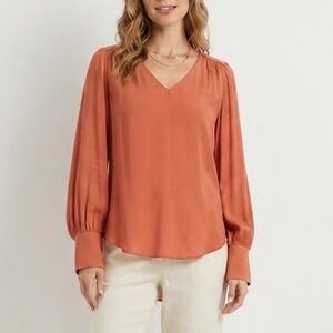 Maison d'Amelie Paris Womens Large Terracotta Orange V-Neck Bishop Sleeve Blouse